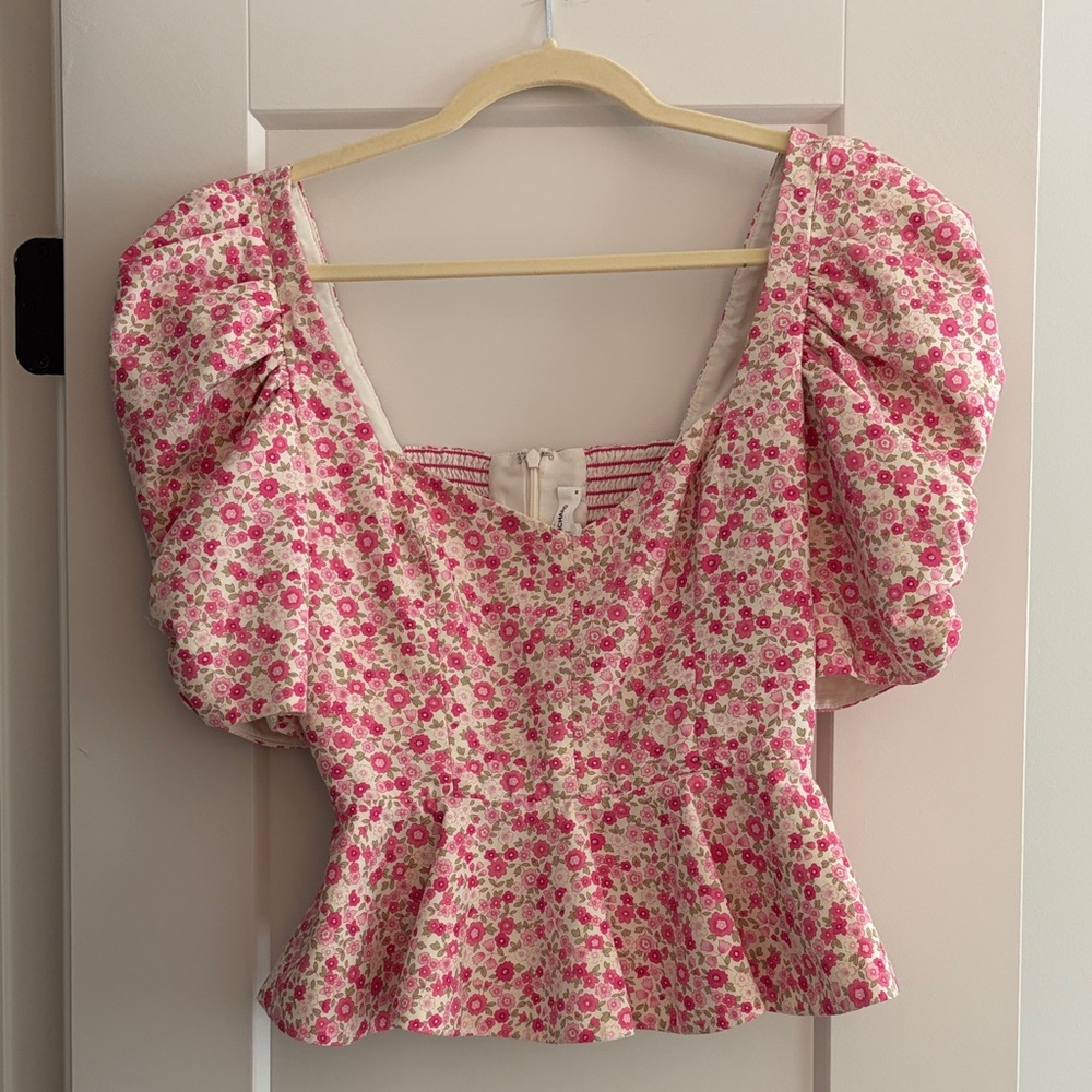 Amanda Uprichard Pink Floral Puff Sleeve Blouse